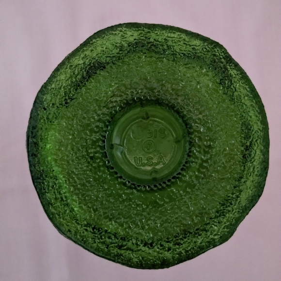 Green hand blown glass vase crackle finish ribbed 7" MCM - Picture 2 of 5